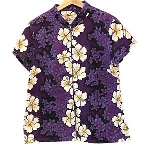 Vintage Hilo Hattie Hawaiian Shirt Mandarin Tropical Floral Hibiscus Barkcloth